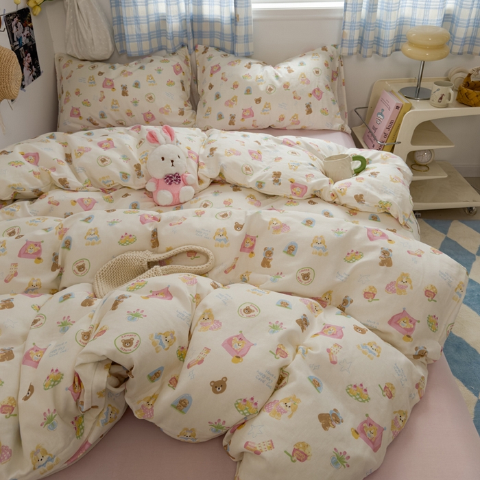 91家纺网 家纺一手货源 找家纺 塔塔家居  2025新款全棉纯棉双层纱四件套 春日派对