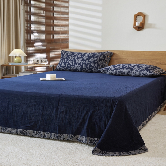 91家纺网 家纺一手货源 找家纺 2025新款全棉色织双层纱纽扣款四件套 扶苏-深兰