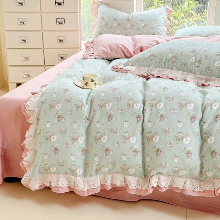 91家纺网 家纺一手货源 找家纺 晨晨家纺2025新款全棉双层花边双层纱四件套 秘密花园