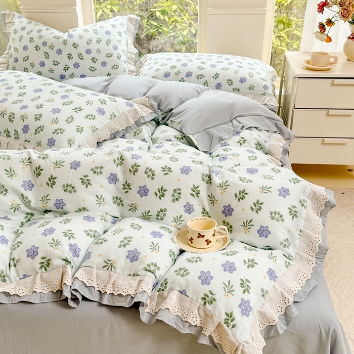 91家纺网 家纺一手货源 找家纺 晨晨家纺2025新款全棉双层花边双层纱四件套 浅浅花漾