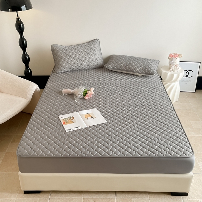 91家纺网 家纺一手货源 找家纺 2025新款加厚乳胶床笠款经典纯色夏被套件 方格-深灰