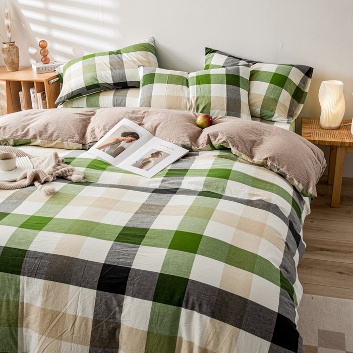 91家纺网 家纺一手货源 找家纺 2025新款A类色织水洗棉单被套 海青鲜绿格