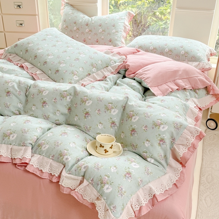 91家纺网 家纺一手货源 找家纺 晨晨家纺2025新款全棉双层花边双层纱四件套 秘密花园