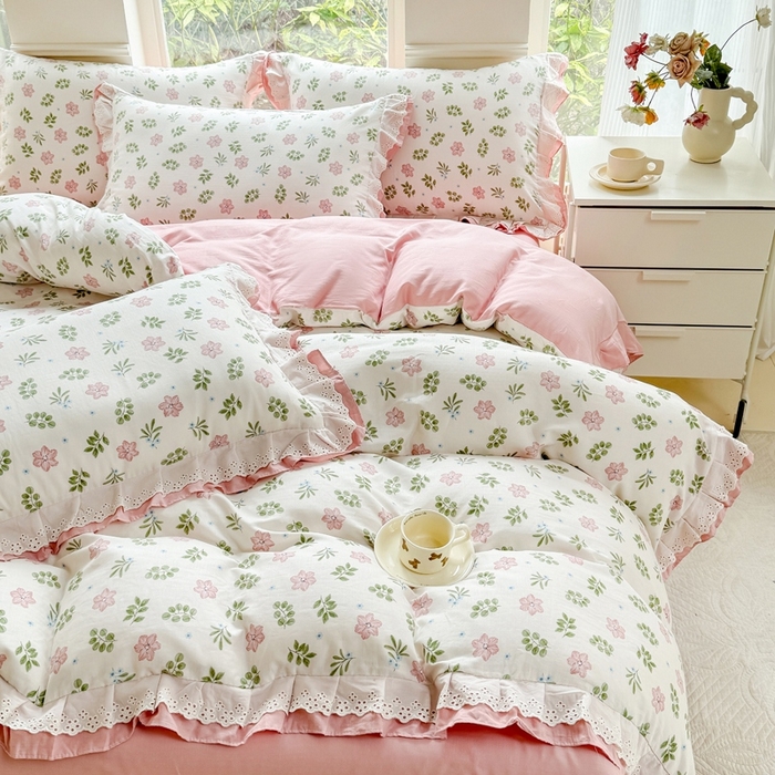 91家纺网 家纺一手货源 找家纺 晨晨家纺2025新款全棉双层花边双层纱四件套 絮语