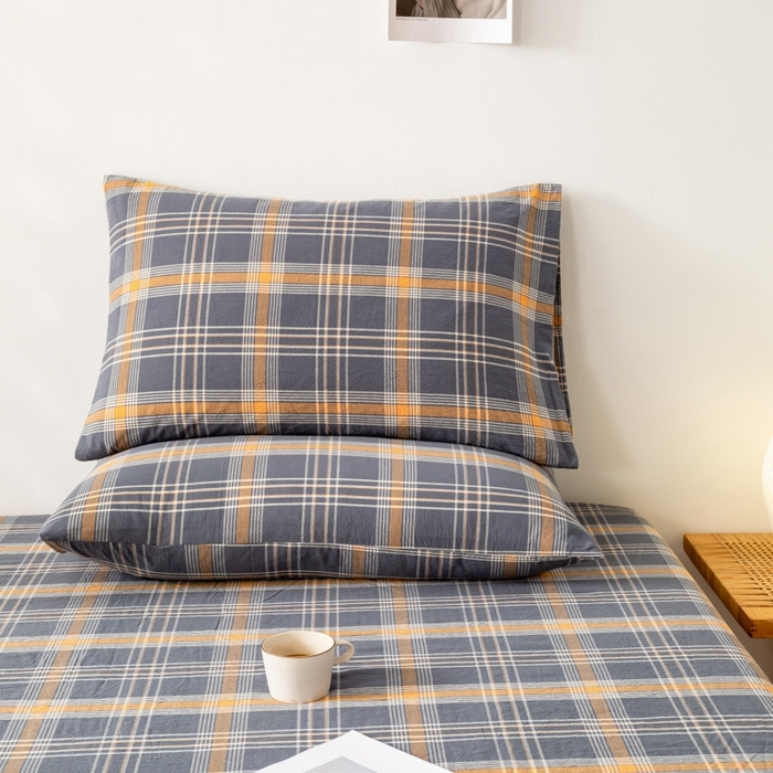 91家纺网 家纺一手货源 找家纺 2025新款A类色织水洗棉单被套 灰桔格