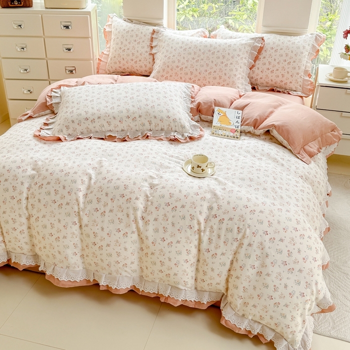 91家纺网 家纺一手货源 找家纺 晨晨家纺2025新款全棉双层花边双层纱四件套 七里香