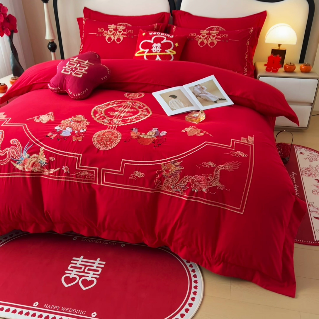 91家纺网 家纺一手货源 找家纺 2025新款100支150克双面长绒棉婚庆绣花四件套 龙凤九天