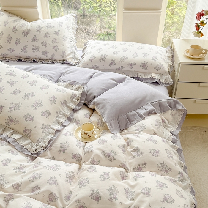 91家纺网 家纺一手货源 找家纺 晨晨家纺2025新款全棉双层花边双层纱四件套 紫香甜语