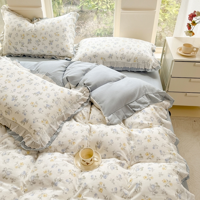 91家纺网 家纺一手货源 找家纺 晨晨家纺2025新款全棉双层花边双层纱四件套 伊甸园之梦-蓝