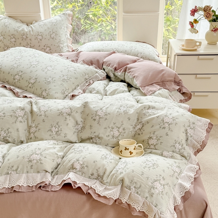 91家纺网 家纺一手货源 找家纺 晨晨家纺2025新款全棉双层花边双层纱四件套 浮生半日-绿