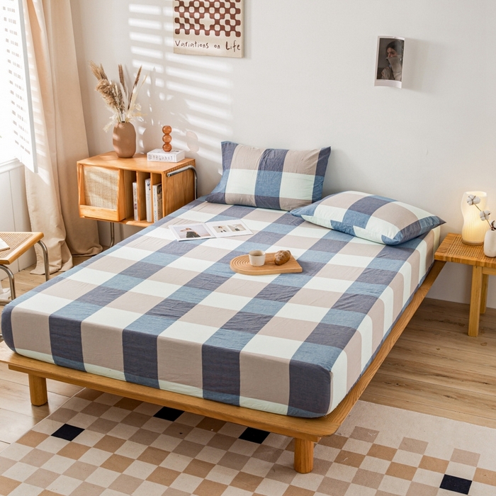 91家纺网 家纺一手货源 找家纺 2025新款A类色织水洗棉单被套 米棕丈青格