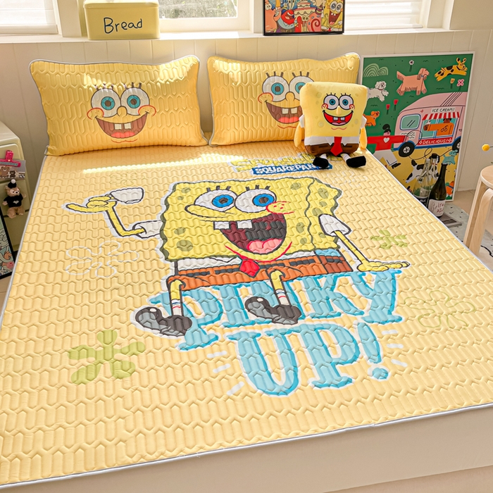 91家纺网 家纺一手货源 找家纺 金爱家 2025新款海绵宝宝乳胶凉席床席款凉席席子 床席款-咖啡海绵宝宝