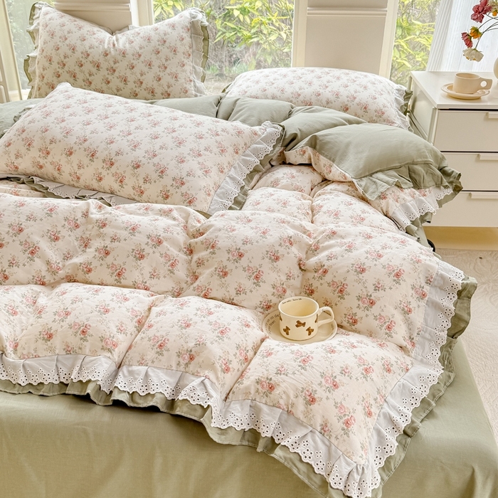 91家纺网 家纺一手货源 找家纺 晨晨家纺2025新款全棉双层花边双层纱四件套 香缇