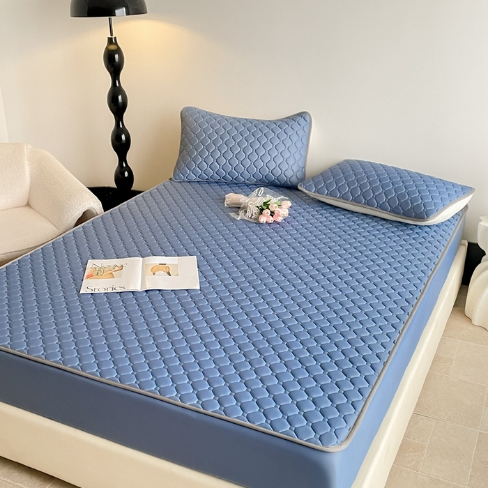 91家纺网 家纺一手货源 找家纺 2025新款加厚乳胶床笠款经典纯色夏被套件 方格-宝蓝