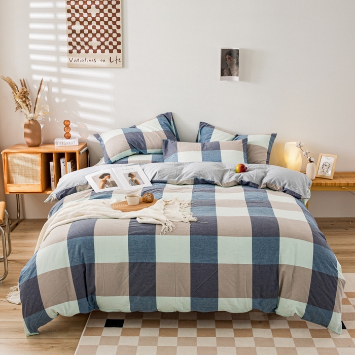 91家纺网 家纺一手货源 找家纺 2025新款A类色织水洗棉单被套 米棕丈青格