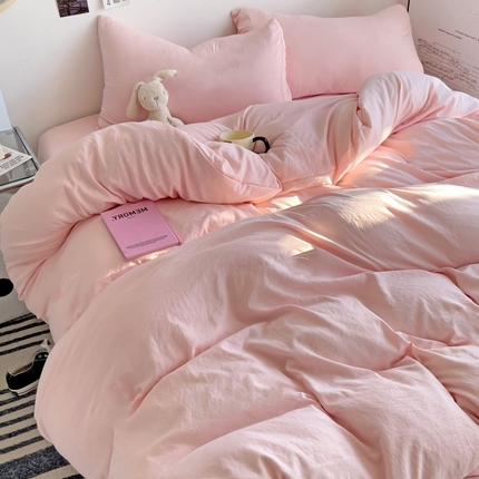 91家纺网 家纺一手货源 找家纺 艾特你 2025新款简约纯色水洗棉四件套 优雅粉