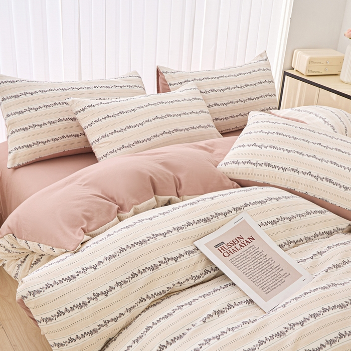 91家纺网 家纺一手货源 找家纺 蕾诺家纺 2025新款直播新款A类有氧提花云纱棉圆角吊边工艺四件套学生三件套 摩卡