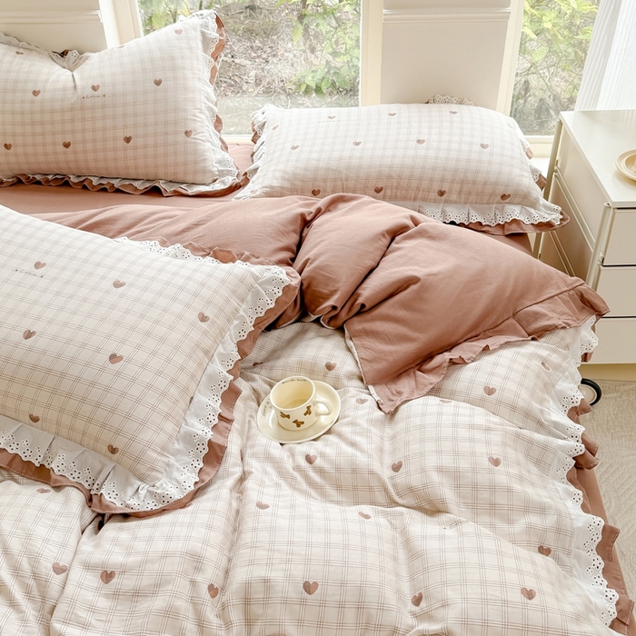 91家纺网 家纺一手货源 找家纺 晨晨家纺2025新款全棉双层花边双层纱四件套 心动-咖