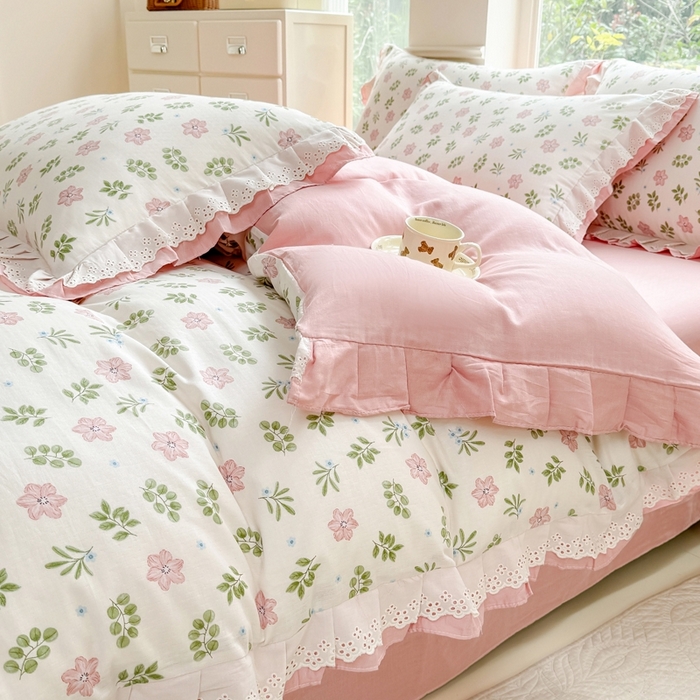 91家纺网 家纺一手货源 找家纺 晨晨家纺2025新款全棉双层花边双层纱四件套 絮语