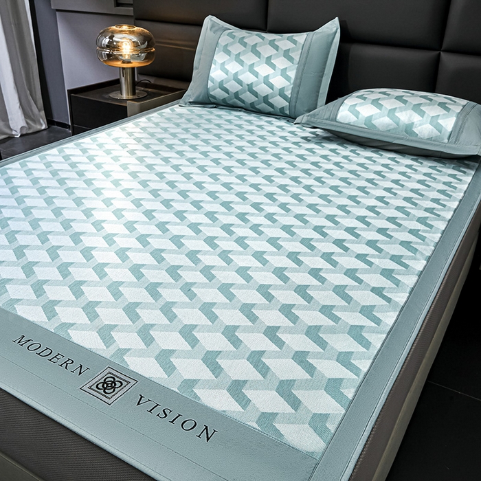 91家纺网 家纺一手货源 找家纺 全季家居 2025新款5A抗菌3D立体冰柔凉感冰丝席 菱形-水绿 床笠款