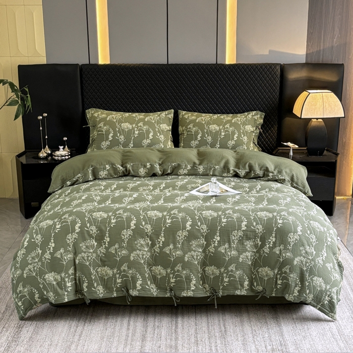 91家纺网 家纺一手货源 找家纺 鲁爱家纺供货 2025新款全棉色织双层纱系带款四件套 云影-绿