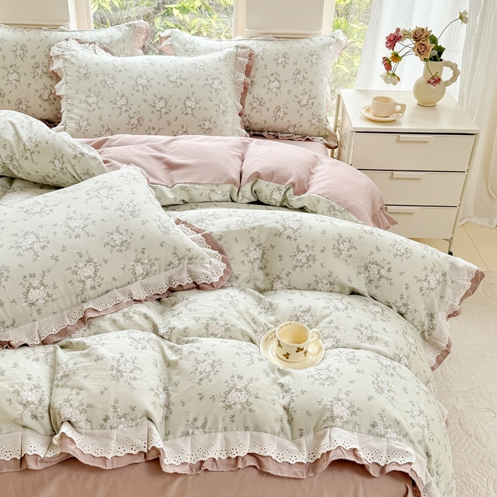 91家纺网 家纺一手货源 找家纺 晨晨家纺2025新款全棉双层花边双层纱四件套 浮生半日-绿