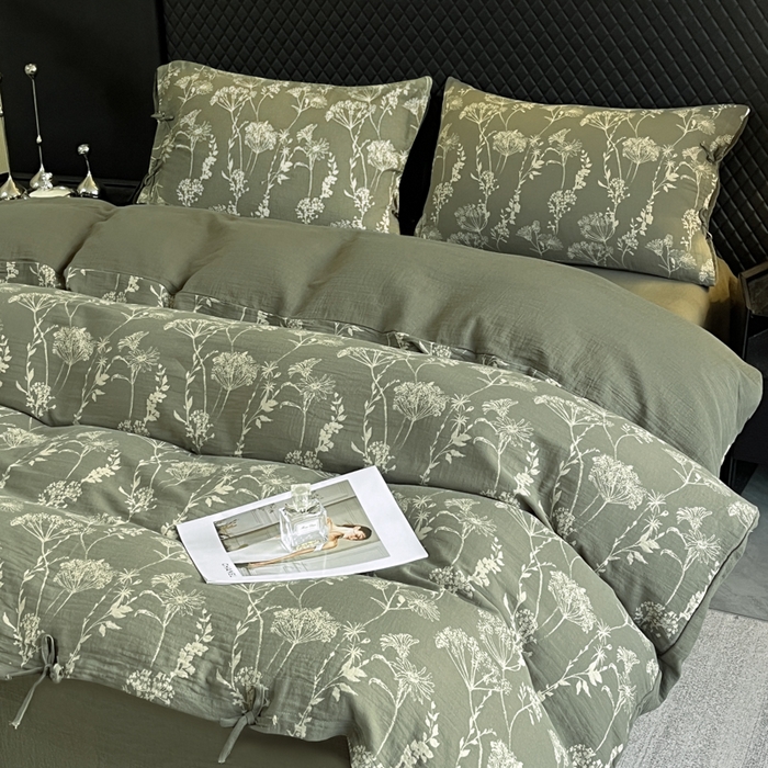 91家纺网 家纺一手货源 找家纺 鲁爱家纺供货 2025新款全棉色织双层纱系带款四件套 云影-绿