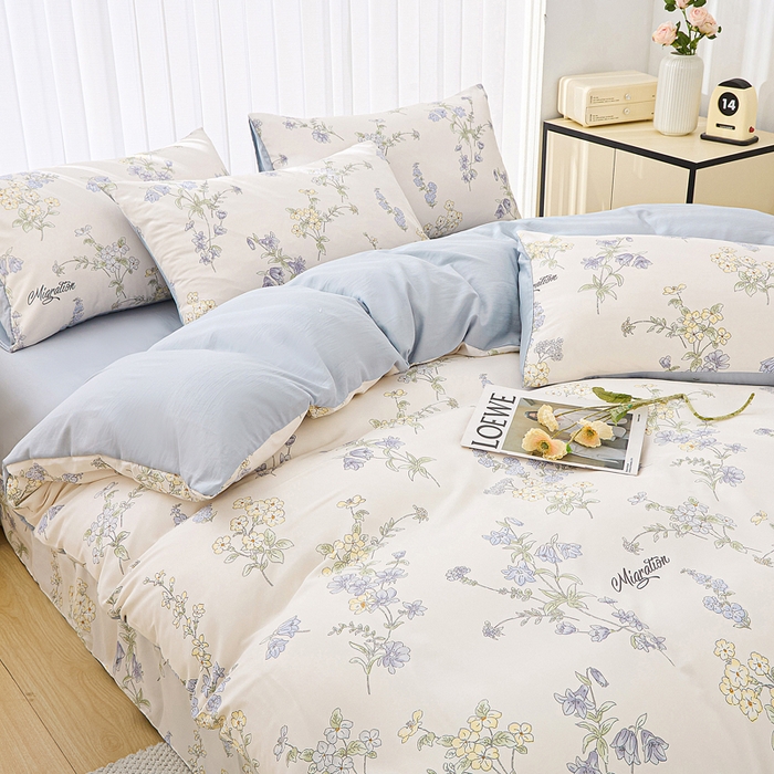 91家纺网 家纺一手货源 找家纺 蕾诺家纺 2025新款直播新款A类有氧提花云纱棉圆角吊边工艺四件套学生三件套 铃兰