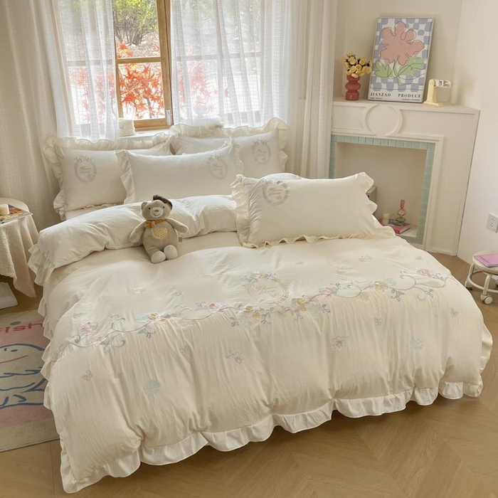 91家纺网 家纺一手货源 找家纺 ab家纺2025新款全棉水洗棉绣花四件套-夏莉儿 夏莉儿-淡奶油