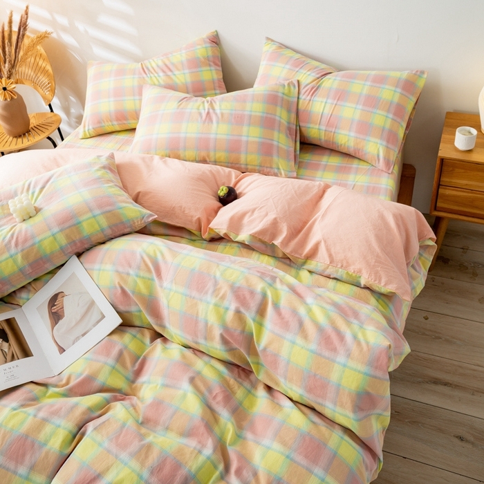 91家纺网 家纺一手货源 找家纺 2025新款A类色织水洗棉单被套 弗暖粉黄