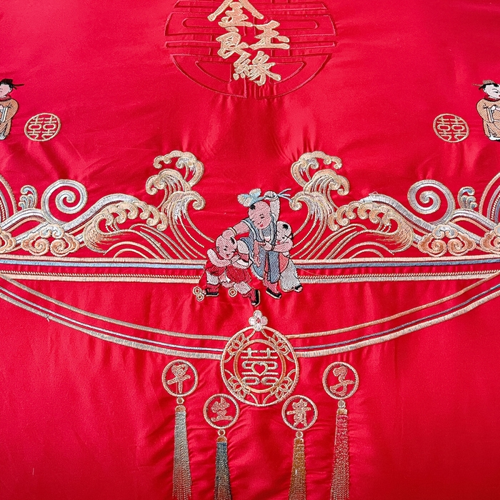 91家纺网 家纺一手货源 找家纺 2025新款100支150克双面长绒棉婚庆绣花四件套 福禄喜财