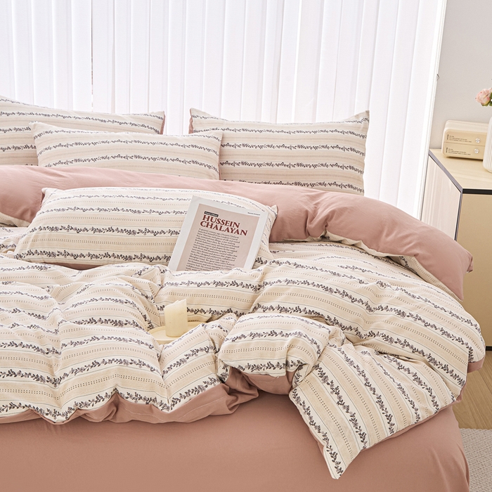 91家纺网 家纺一手货源 找家纺 蕾诺家纺 2025新款直播新款A类有氧提花云纱棉圆角吊边工艺四件套学生三件套 摩卡