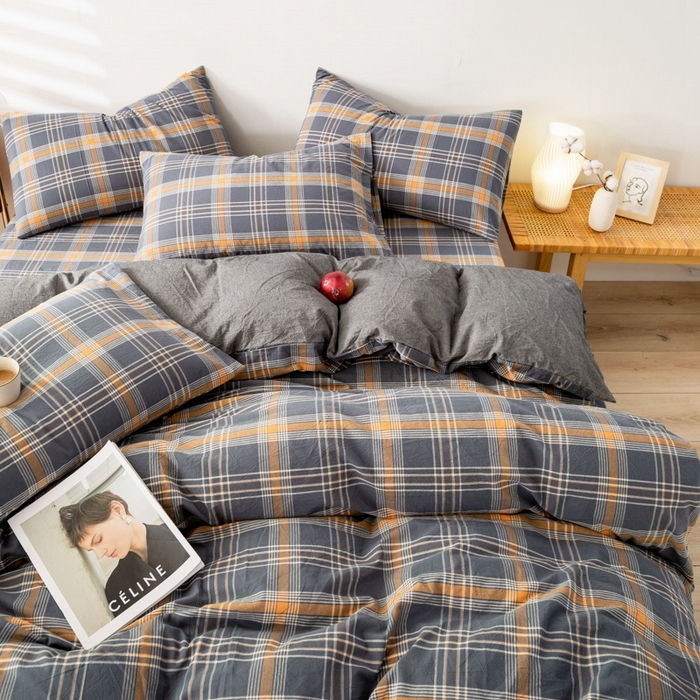 91家纺网 家纺一手货源 找家纺 2025新款A类色织水洗棉单被套 灰桔格