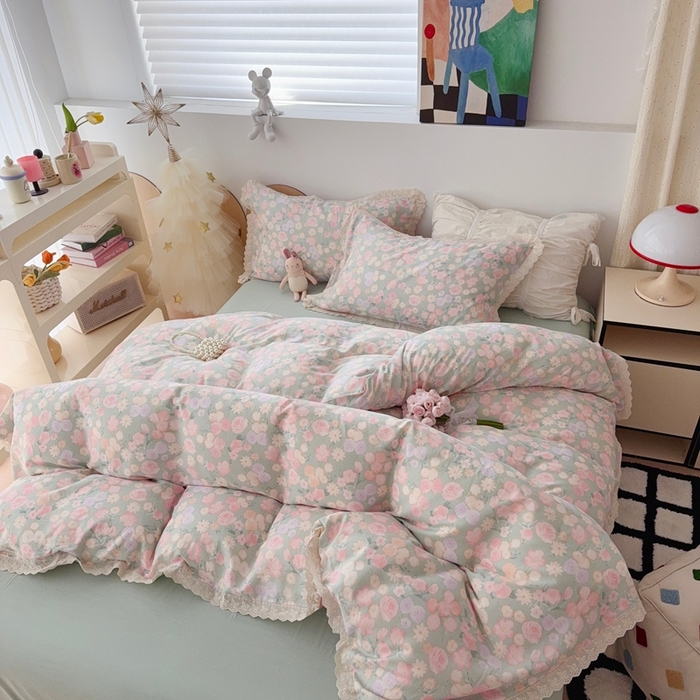 91家纺网 家纺一手货源 找家纺 于果 2025新款全棉双层纱花边款 手捧玫瑰