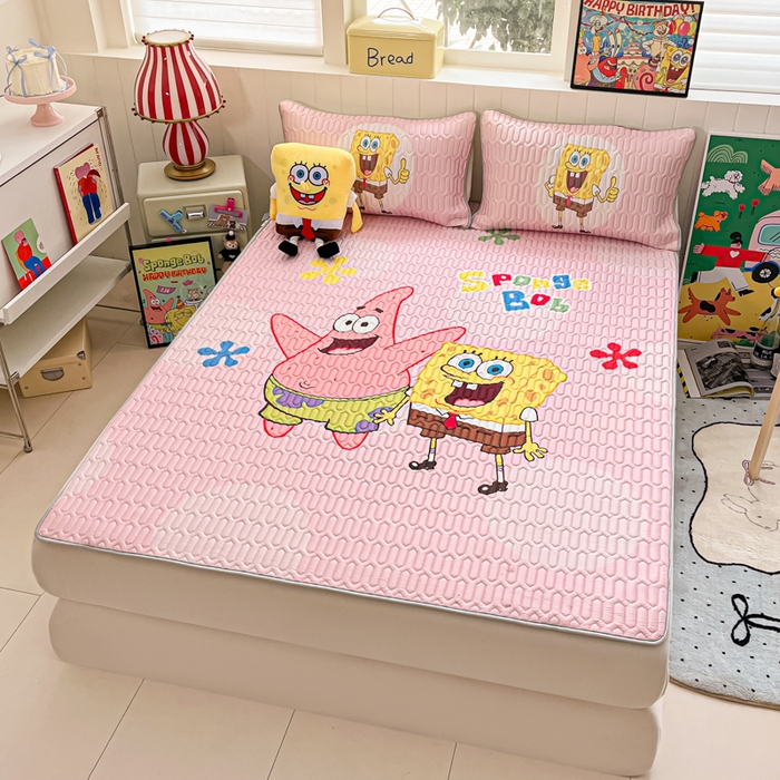 91家纺网 家纺一手货源 找家纺 金爱家 2025新款海绵宝宝乳胶凉席床席款凉席席子 床席款-粉粉海绵宝宝