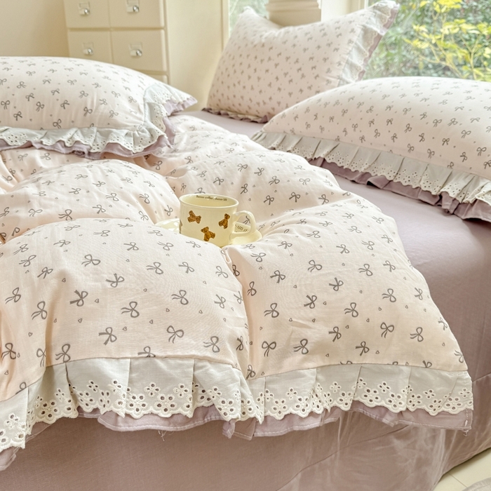 91家纺网 家纺一手货源 找家纺 晨晨家纺2025新款全棉双层花边双层纱四件套 法式少女-咖