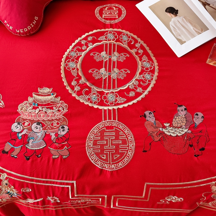 91家纺网 家纺一手货源 找家纺 2025新款100支150克双面长绒棉婚庆绣花四件套 龙凤九天