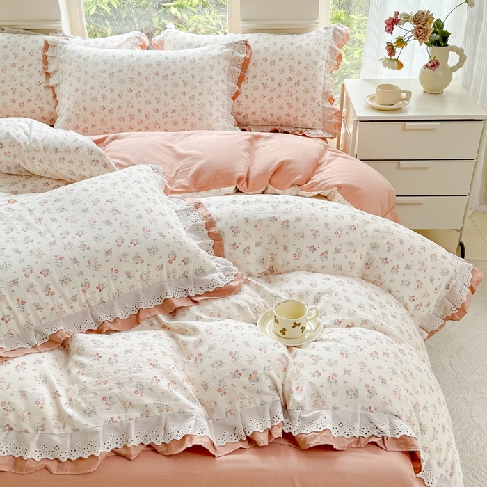 91家纺网 家纺一手货源 找家纺 晨晨家纺2025新款全棉双层花边双层纱四件套 七里香