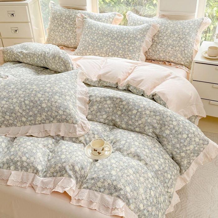 91家纺网 家纺一手货源 找家纺 晨晨家纺2025新款全棉双层花边双层纱四件套 韩式清新-灰