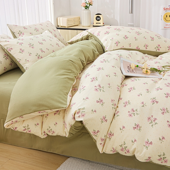 91家纺网 家纺一手货源 找家纺 蕾诺家纺 2025新款直播新款A类有氧提花云纱棉圆角吊边工艺四件套学生三件套 甜蜜蜜