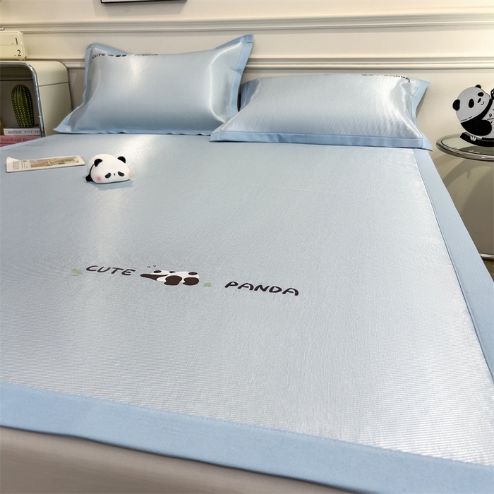 91家纺网 家纺一手货源 找家纺 星座家纺 2025新款600D熊猫烫画冰丝凉席三件套 清凉蓝