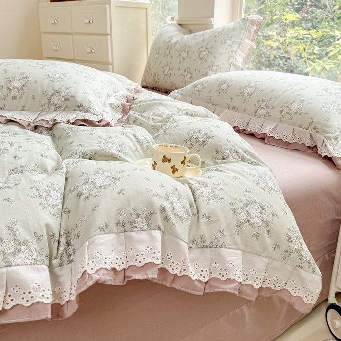 91家纺网 家纺一手货源 找家纺 晨晨家纺2025新款全棉双层花边双层纱四件套 浮生半日-绿