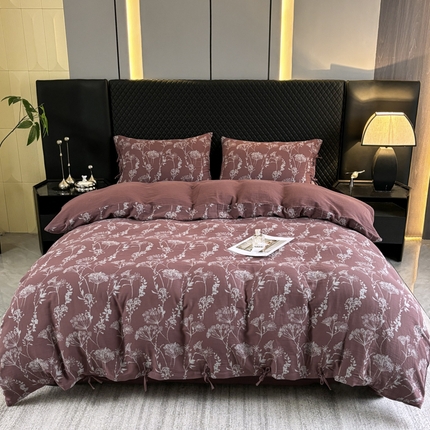 鲁爱家纺供货 2025新款全棉色织双层纱系带款四件套 云影-豆沙