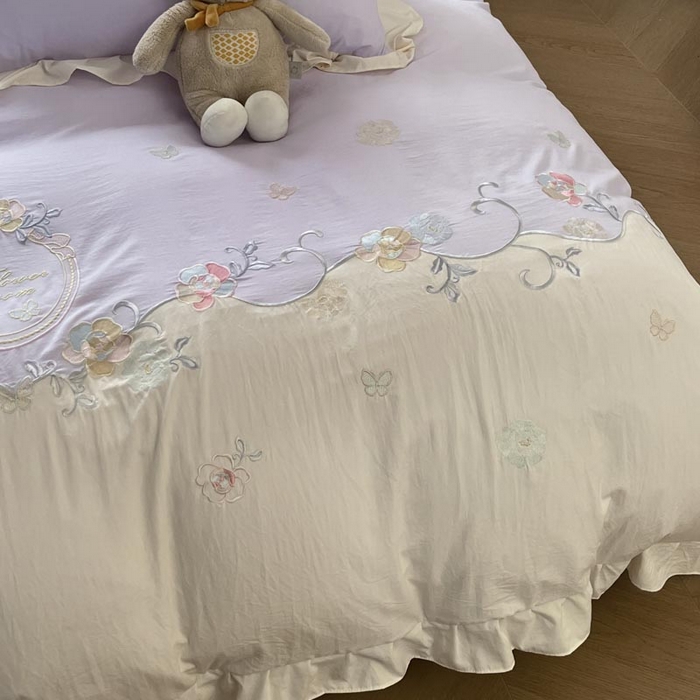 91家纺网 家纺一手货源 找家纺 ab家纺2025新款全棉水洗棉绣花四件套-夏莉儿 夏莉儿-香芋紫