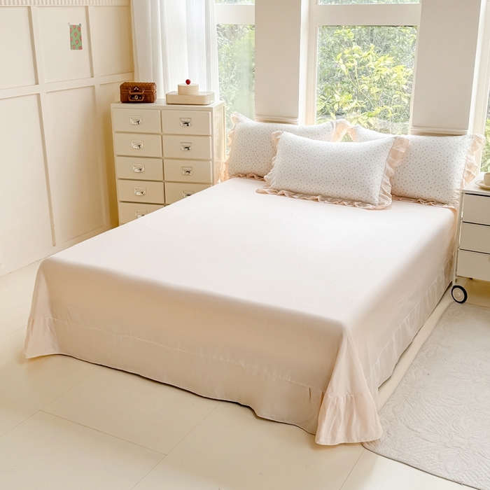 91家纺网 家纺一手货源 找家纺 晨晨家纺2025新款全棉双层花边双层纱四件套 花蕊-黄