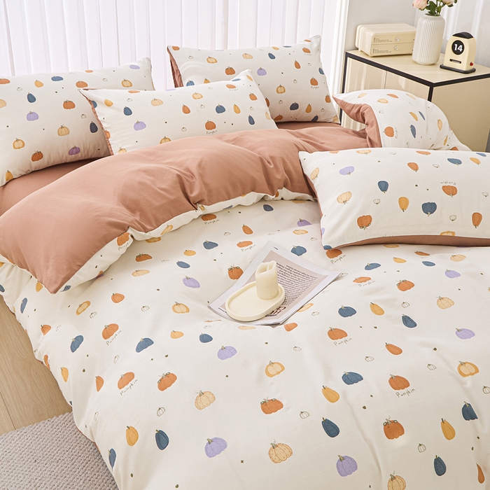 91家纺网 家纺一手货源 找家纺 蕾诺家纺 2025新款直播新款A类有氧提花云纱棉圆角吊边工艺四件套学生三件套 小南瓜