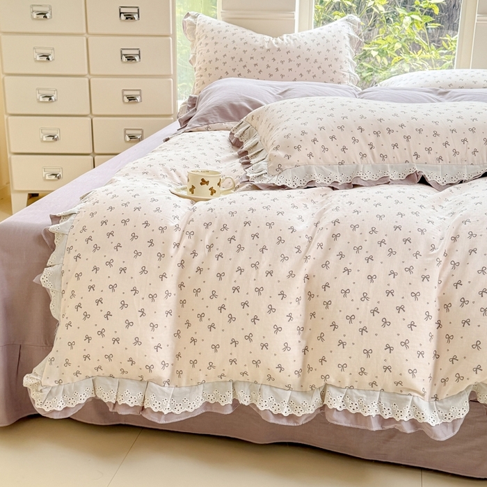 91家纺网 家纺一手货源 找家纺 晨晨家纺2025新款全棉双层花边双层纱四件套 法式少女-咖