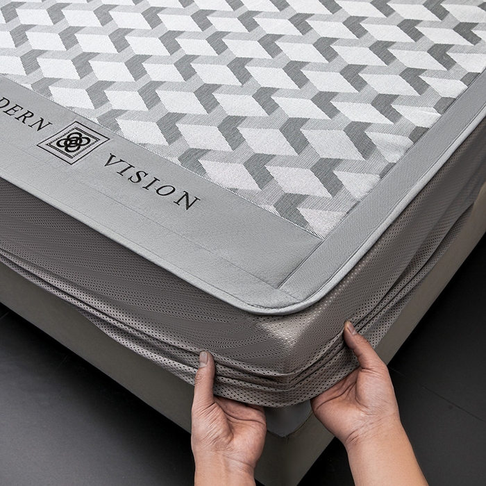 91家纺网 家纺一手货源 找家纺 全季家居 2025新款5A抗菌3D立体冰柔凉感冰丝席 菱形-银灰 床笠款