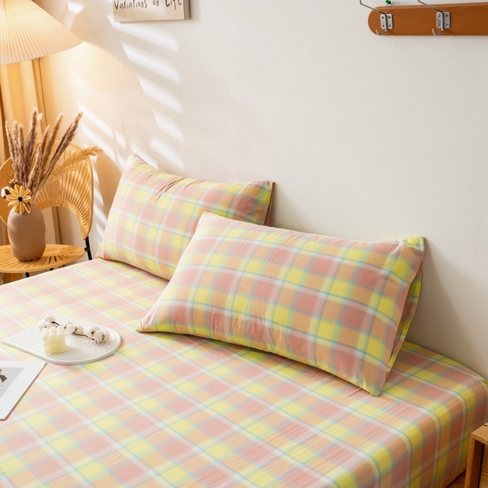 91家纺网 家纺一手货源 找家纺 2025新款A类色织水洗棉单被套 弗暖粉黄