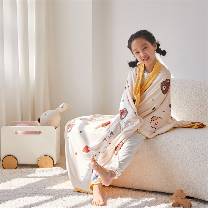 91家纺网 家纺一手货源 找家纺 艾佳宝贝 2025新款A类针织豆豆儿童多功能宿舍午睡安抚盖毯 爱心波点熊-盖毯